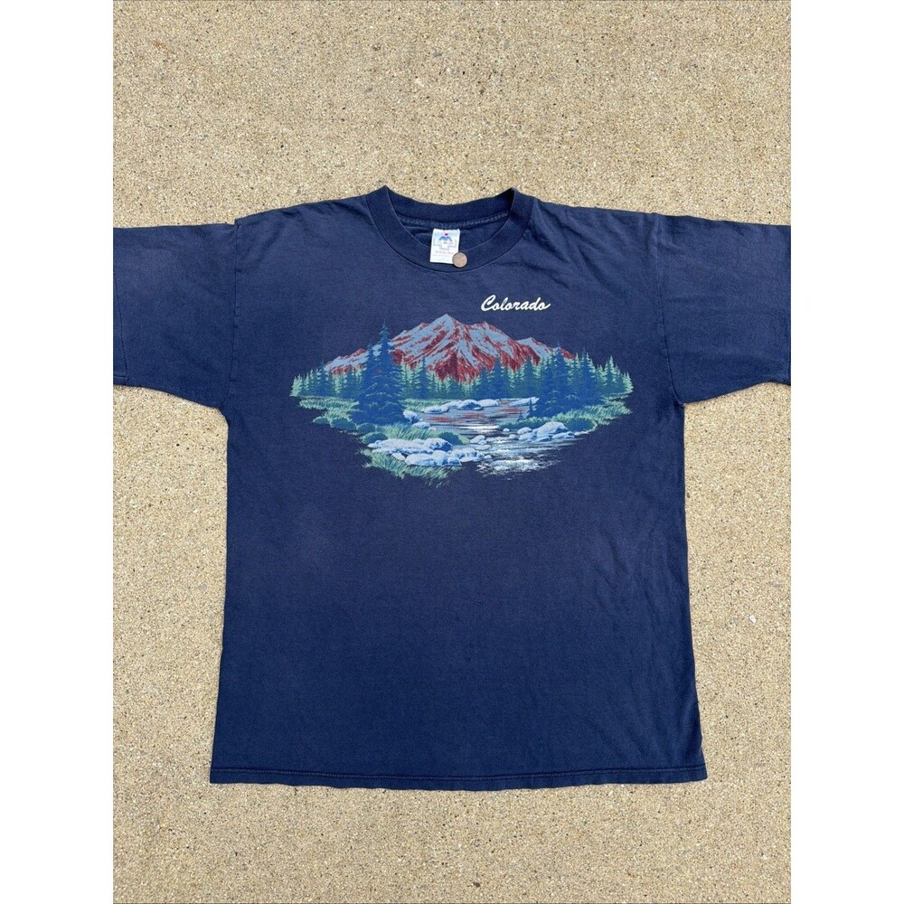 Vintage H.L. Miller Tee Colorado Mountain Nature Blue Single Stitch Large Shirt